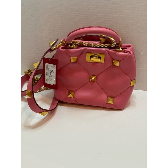 VALENTINO GARAVANI NAPPA SMALL ROMAN STUD THE HANDLE BAG FLAMINGO PINK - Picture 13 of 14